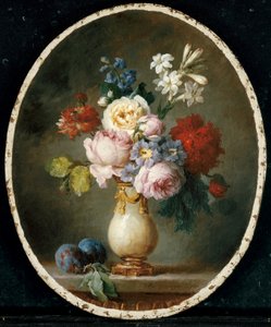 Maljakko kukkia ja kaksi luumua marmoripöydällä, 1781