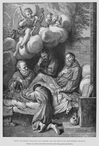 Pyhä Franciscus Assisilainen, joka kärsii sairaudesta, paranee taivaallisen soittimen (litho) äänellä tekijältä Annibale (after) Carracci