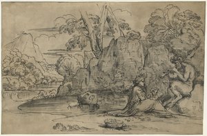 Maisema, jossa huilua soittava satyyri, nainen ja putto tekijältä Annibale Carracci (attributed to)