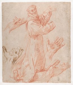 Carracci - Tutkimuksia Pyhän Fransiskuksen hahmoa polvistuneena kolmivartalokuvassa ja hänen käsiään varten (rekto), 1583-85. tekijältä Annibale Carracci