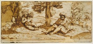 Flötenspielender Amor und Silenus in einer arkadischen Landschaft tekijältä Annibale Carracci