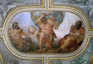 Hercules kantaa taivaan holvin Atlakseen (fresko Camerinossa). 1596 tekijältä Annibale Carracci