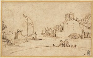 Maisema hahmoineen purjeveneineen suistoalueen vieressä tekijältä Annibale Carracci