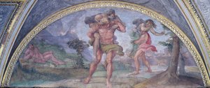 Lunette kuvaa Aeneasta pakenemassa palavasta Troijasta kantamassa isäänsä Anchises ja Ascaniusa kantamassa äitiään, Camerinosta, 1596 tekijältä Annibale Carracci