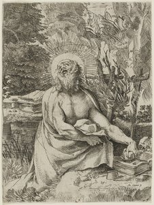 Pyhä Hieronymus erämaassa, n. 1591 (etsaus ja kaiverrus paperille, iiiiv) tekijältä Annibale Carracci