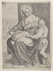 Neitsyt istuu pitelee tyynyä sylissään ja nuori Kristus seisoo oikealla..., 1580-1600. tekijältä Annibale Carracci