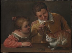 Kaksi lasta kiusaamassa kissaa tekijältä Annibale Carracci
