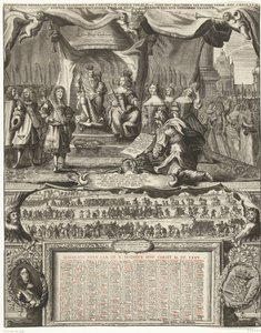 Allegoria Englannin kanssa tehdystä rauhasta vuonna 1674 ja almanakka vuodelta 1675 Vereenichde Nederlantsche danckbaerheyt, aen Carolus II. Coninck van Hisp. jne. rauhan solmimisesta Kaarle II:n kanssa. Iso-Britannian Coninck ja palauttaminen tekijältä Anonymous