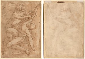 Apollo nyljettävä Marsyas (recto) Kaksi luonnosta äidistä ja lapsesta (käänteinen) tekijältä Anonymous