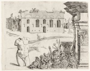 Arkkitehtoninen capriccio, jossa on spolia, miehen vartalo ja näkymä Diocletianuksen kylpylöille tekijältä Anonymous
