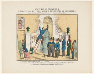 Manneken Pisin pidätys, 1845 Matkamuisto Brysselistä. Brysselin vanhimman porvariston pidätys. Vuoden 1845 pissoireista annetun poliisiasetuksen rikkomisesta (otsikko esineessä) tekijältä Anonymous