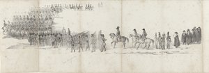 Edesmenneen kuningas Willem II:n hautajaiset Delftissä 4. huhtikuuta 1849 (sivu 1) Viisi vierekkäistä arkkia Vilhelm II:n hautajaiskulkueesta vuonna 1849 (sarjan nimi) tekijältä Anonymous
