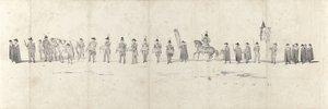 Edesmenneen kuningas Willem II:n hautajaiset Delftissä 4. huhtikuuta 1849 (sivu 3) Viisi vierekkäistä arkkia Vilhelm II:n hautajaiskulkueesta vuonna 1849 (sarjan nimi) tekijältä Anonymous