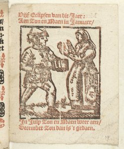 Sivu, jossa seisovat kramerin ja naisen hahmot, 1712 Jossa Lidt de Maen on / missä kuolet / vuodat verta, ellei sinun suuri nuottisi; Jos Peste / Pleures on / ende sulck quaet / oock not sonder des Meestersraet (otsikko esineessä) tekijältä Anonymous