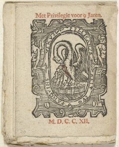 Sivu kustantajan merkillä, 1712 Jossa Lidt de Maen on / missä kuolet / vuodat verta, ellei sinun suuri nuottisi; Jos Peste / Pleures on / ende sulck quaet / oock not sonder des Meestersraet (otsikko esineessä) tekijältä Anonymous