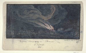 Tuli maisemassa Keski-Jaavassa, 1825 Samarangin ja Damakin välillä / 13. syyskuuta 1825 (otsikko esineessä) tekijältä Anonymous