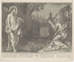 Christus verchicht als tuinman aan Maria Magdaleena (Älä koske minuun) Kristus välittömästi ylösnousemuksensa jälkeen esittelee itsensä Magdalan Marialle ja lohduttaa häntä (otsikko esineessä) Royal Bijbel (sarjan nimi) tekijältä Anonymous