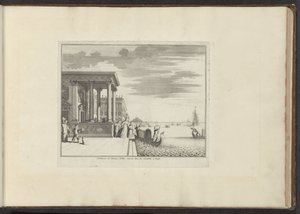 Aateliston naiset odottavat gondolia Venetsiassa Kommentoi les Femmes Nobles entrent dans les Gondoles à Venise (otsikko esineessä) Palatsit ja muistomerkit Venetsiassa, Livornossa, Napolissa ja Roomassa (sarjan nimi) tekijältä Anonymous