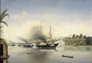 Hallituksen laivaston alukset Celebes, Admiraal van Kinsbergen ja Onrust ampuivat Djambin sulttaanin Kratonin 8. syyskuuta 1858. tekijältä Anonymous