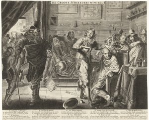Talonpoika suuressa parturissa, noin 1650 De Groote Scheerders Winckel (otsikko esineessä) tekijältä Anonymous