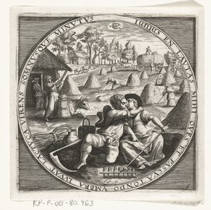 De maand juni, hooimaken, ca. 1600 De twaalf maanden van het jaar verbeeld in scènes uit het volksleven (sarjan nimi) 12 kuukauden suunnitelmat toiminnoineen ja niiden soveltaminen horoskooppimerkkeihin, jaettuna neljään vuoden osaan (sarjan nimi esineellä tekijältä Anonymous