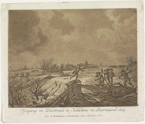 Padon rikkoutuminen Kedichemissä, 1809 Ysgang ja Doorbraak te Kedichem Louwmaandissa 1809 (otsikko esineessä) tekijältä Anonymous