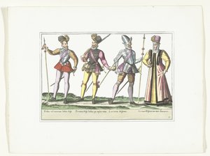 Kolme espanjalaista sotilasta univormussa ja markkinatähti, n. 1580 Puvut Militaires Espagnols (nimi esineessä) tekijältä Anonymous