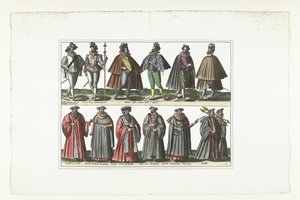 Tuplalautanen, jossa kaksitoista ranskalaiseen tyyliin pukeutunutta miestä, n. 1580 Puvut Français (nimi esineessä) tekijältä Anonymous
