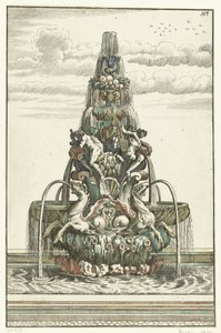 Pyramidin muotoinen suihkulähde Architectura Curiosa Nova (sarjan nimi) tekijältä Anonymous