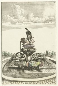 Fontein tapasi Herculesin Ladonissa Arkkitehtuuri Curiosa Nova (sarjan nimi) tekijältä Anonymous