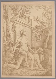 Valokuvakopio Hans Baldung Grienin puupiirroksesta Aristoteles ja Phyllis tekijältä Anonymous