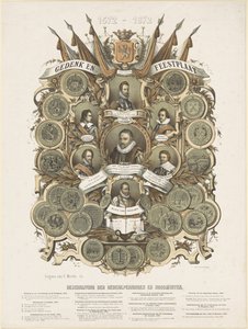 Juhla- ja muistolaatta, jossa on muotokuvia William I:stä, Orangen prinssistä, hänen pojistaan ​​Mauritsista ja Frederik Hendrikistä, Orangen prinsseistä, hänen veljestään Lodewijkista, Adolfista ja Hendrikistä, Nassaun kreiveistä ja Willem Bloys van Tresl tekijältä Anonymous