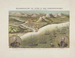Näkymä Acehista toisen Acehin tutkimusmatkan aikana, 1873-1874 Piirityskartta Atchinista ja hänen puolustuksistaan. (Lintuperspektiivistä.) (otsikko esineessä) tekijältä Anonymous