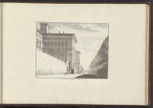 Näkymä Villa Borgheselle Roomassa Le Palais de Vallamena a Gennes (otsikko esineessä) Palatsit ja muistomerkit Venetsiassa, Livornossa, Napolissa ja Roomassa (sarjan nimi) tekijältä Anonymous