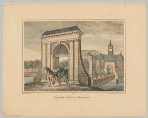 Näkymä Leidsepoortille Amsterdamissa Leydsche Poort Amsterdamissa (otsikko esineessä) Amsterdamin kaupungin kuuden pääportin kasvot. 1st Cahier (sarjan nimi) tekijältä Anonymous