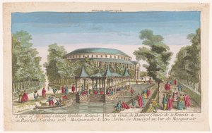 Näkymä Rotundalle ja Kiinan paviljonkiin kanavan varrella Lontoon Ranelagh Gardensissa naamiopallon kanssa Näkymä kiinalaisen kanavan rakennukselle, Rotundelle Ranelaghissa, Gardensissa, naamiaisasuilla. &c (otsikko objektissa) tekijältä Anonymous