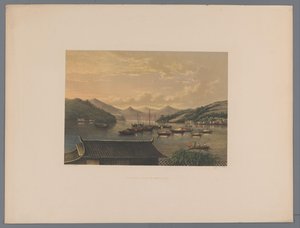 Gezicht op de baai van Nagasaki Näkymä Nangasaki Bayssa (otsikko esineessä) Matkamuisto Japanin näkymistä luonnosta kreivi de Lijndenin tekstillä (sarjan otsikko esineessä) tekijältä Anonymous