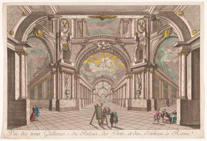 Näkymä Rooman taiteen ja tieteen palatsin kolmesta galleriasta Vue des trois galleries, du Palais des Arts et des Sciences à Rome (otsikko esineessä) tekijältä Anonymous