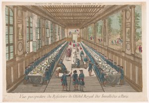 Näkymä Hôtel des Invalidesin ruokasalista Pariisissa aterian kanssa Vue perspektiivi du refectoire de l