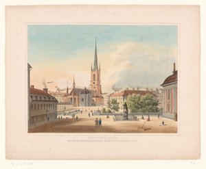 Näkymä Riddarholmenin kirkolle Tukholmassa Tukholma. Utsigt af Riddakholmen fran Riddarhustorget (otsikko esineessä) tekijältä Anonymous