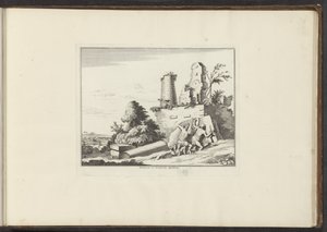 Näkymä Horatii- ja Curatii-haudan raunioista Roomassa Horatiorum et Curatiorum Sepulchrum (otsikko esineessä) Palatsit ja monumentit Venetsiassa, Livornossa, Napolissa ja Roomassa (sarjan nimi) tekijältä Anonymous
