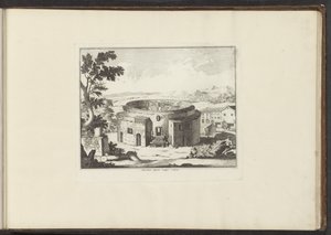 Näkymä Augustuksen mausoleumin raunioista Roomassa Mausoleumi Augusti Vestigia Roomassa (otsikko esineessä) Palatsit ja monumentit Venetsiassa, Livornossa, Napolissa ja Roomassa (sarjan nimi) tekijältä Anonymous