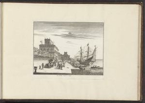 Näkymä kuninkaalliselle palatsille Napolin merenrannalla Veue du Palais Royael &c: à Napoli (otsikko esineessä) Palatsit ja monumentit Venetsiassa, Livornossa, Napolissa ja Roomassa (sarjan nimi) tekijältä Anonymous