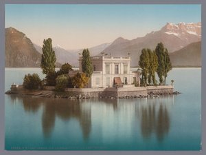 Näkymä Île de Salagnonille Genevejärvellä, taustalla Dents du Midi lac Léman, Ile de Salagnon ja la Dent du Midi (otsikko esineessä) tekijältä Anonymous