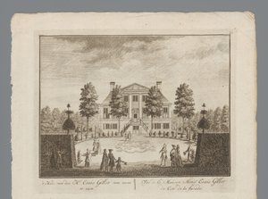 Näkymät Esaie Gillotin kartanolle House of Mr. Esaie Gillot edestä nähtynä / Vüe de la Maison Monsr. Esaie Gillot du Coté de la facade (otsikko esineessä) Sisältä näkymä Hr:n kabinettiin. Esaie Gillot / Vüe de la Maison de M tekijältä Anonymous