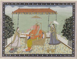 Jumala Ganesha (Ganapati) elefantin rungossa kahden palvelijattarensa Siddhin ja Buddhin kanssa istumassa parvekkeen alla tekijältä Anonymous