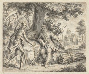 Metsuri ja kuolema Suunnitelmat Jean de la Fontainen Fables-julkaisun kuvitukseen (sarjan nimi) tekijältä Anonymous