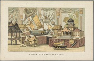 Hollannin siirtokuntien rakennuksessa Amsterdamin maailmannäyttelyssä 1883 Hollannin siirtokuntien osasto (otsikko esineessä) Muisto Amsterdamista vuonna 1883 (sarjan nimi esineessä) tekijältä Anonymous