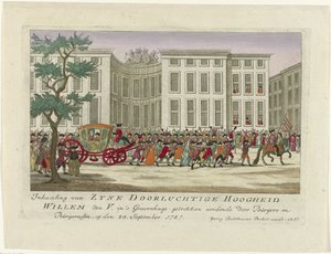 Orangen prinssin ohittaminen, 1787 Burgersin ja Burgeressenin piirtämän Zyne Serene Highness Willem den V.:n ohittaminen Haagissa 20. syyskuuta 1787 (otsikko esineessä) Värilliset saksalaiset printit tapahtumista tekijältä Anonymous
