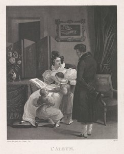 Sisustus, jossa perhe katselee kuva-albumia L